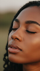 Gros plan sur le profil d'une femme aux yeux ferm&eacute;s, en pri&egrave;re, baign&eacute;e d'une lumi&egrave;re chaude au cr&eacute;puscule