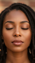 Jeune femme en pri&egrave;re, les yeux ferm&eacute;s, en gros plan