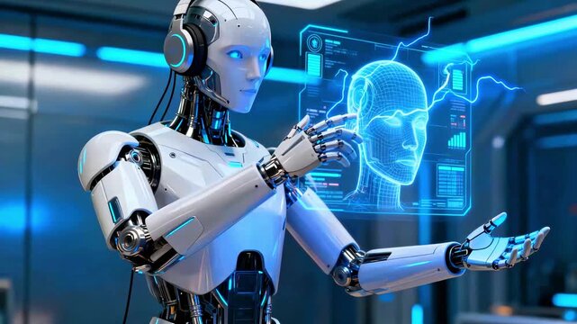 Artificial intelligence robot interacting with holographic human interface technology for futuristic data analysis machine learning advanced robotics cybernetics digital consciousness simulation scien