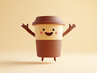 Happy Anthropomorphic Coffee Cup Waving Arms Joyfully.