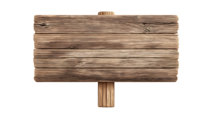 A blank rustic wooden sign made of weathered planks with a central post isolated with PNG transparent background 