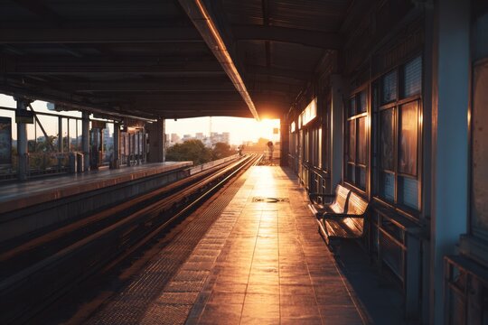 Empty train platform bathed in warm golden light, creating a quiet and cinematic travel moment. - Powered by Adobe