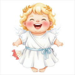 Cute Cupid Angel Laughing Watercolor Vector Illustration on White Background
