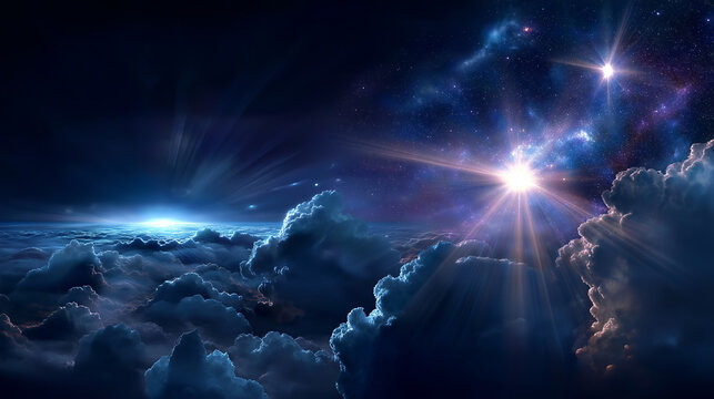 Celestial astronomical fantasy scene connecting nature with godly cosmic elements, mystical universe spirituality, ethereal heavenly atmosphere, dreamy space visualization, with co
