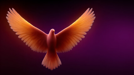 Obraz premium Radiant dove soaring with glowing wings on purple background.