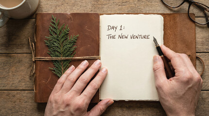 Hopeful startup celebration for new year beginning. person writes New Venture on day one in journal