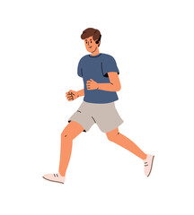 Jogger in sportswear does cardio training outdoors. Runner is jogging while sports workout. Athlete with headset runs. Sportsman does physical exercise. Flat isolated vector illustration on white
