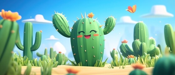 Happy Cartoon Cactus Standing Tall in Vibrant Desert Landscape.