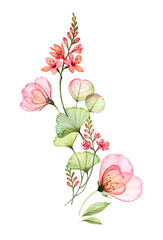 Watercolor floral arrangement. Vertical design element. Abstract exotic fresia flowers isolated on white. Botanical illustration for cards, wedding design, cosmetics