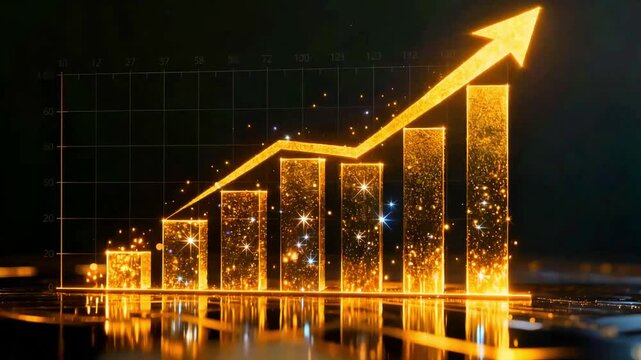 Financial bar chart showing glowing golden upward trend arrow representing exponential business growth stock market success investment profit data analysis digital technology future projection