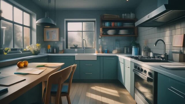 A bright, inviting kitchen with teal cabinets, a wooden countertop, and natural light streaming through the windows, showcasing a clean and modern design