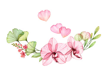 Watercolor Valentines Day card template. Transparent orchid bouquet with flying petals isolated on white. Botanical floral illustration for Saint Valentine's day greeting. 