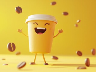 Happy Cartoon Coffee Cup Dancing with Flying Beans.