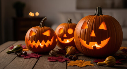 Carved Halloween pumpkins with glowing faces on a rustic table. Jack-o'-lanterns as a traditional autumn holiday decoration
