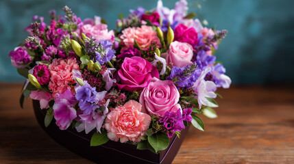 Obraz premium Vibrant fresh flower bouquet artfully arranged in romantic heart shape, colorful floral love symbol, Valentine's Day arrangement, with copy space