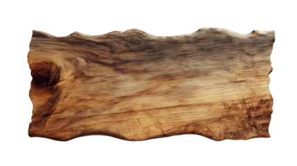 A rugged piece of weathered wood with wavy edges and deep natural grain patterns against a png transparent background