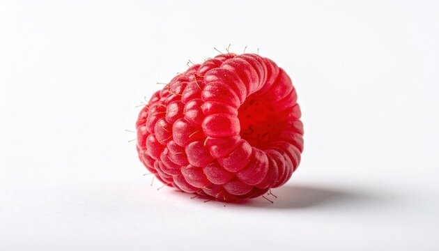 Close-up of a single ripe raspberry on a white background.