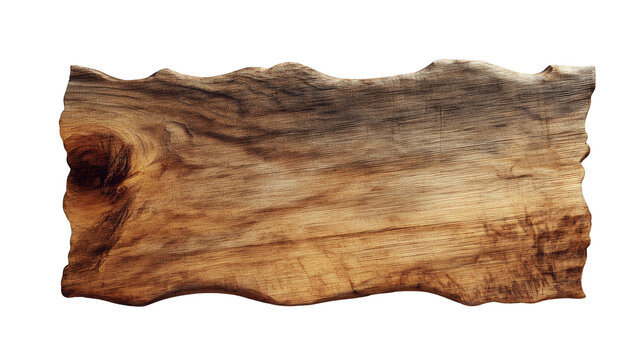A rugged piece of weathered wood with wavy edges and deep natural grain patterns against a png transparent background - Powered by Adobe