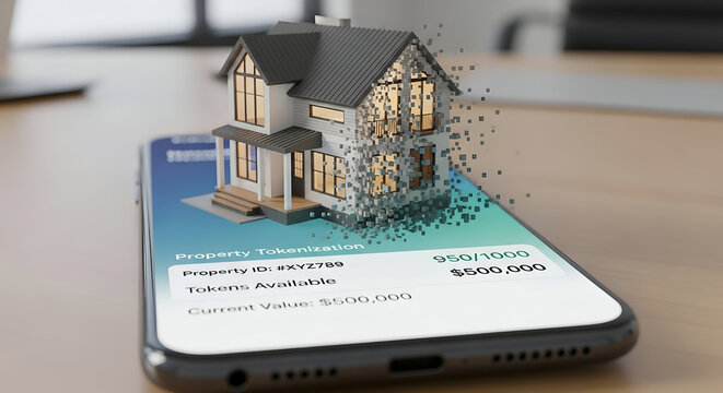 Digital property tokenization concept: 3D rendered house dissolving from smartphone screen, showcasing asset management.