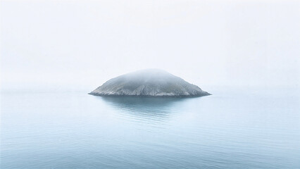 Isolated island shrouded in fog on calm water under cloudy sky  