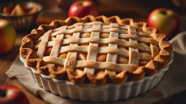 Freshly baked apple pie with a golden lattice crust, surrounded by whole and sliced apples.