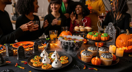 Halloween party table full of spooky treats and decorations. Friends celebrating in the background at a home gathering. Festive food spread with cupcakes, cookies, and a smoking cauldron