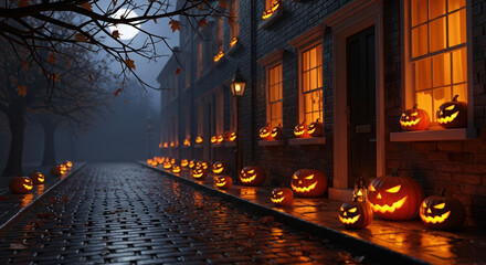 Glowing jack-o'-lanterns on a spooky cobblestone street at night. Autumn Halloween decorations with carved pumpkins in a foggy city. Traditional holiday celebration background