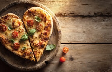 Heart shaped pizza cut in half with cherry tomatoes and basil