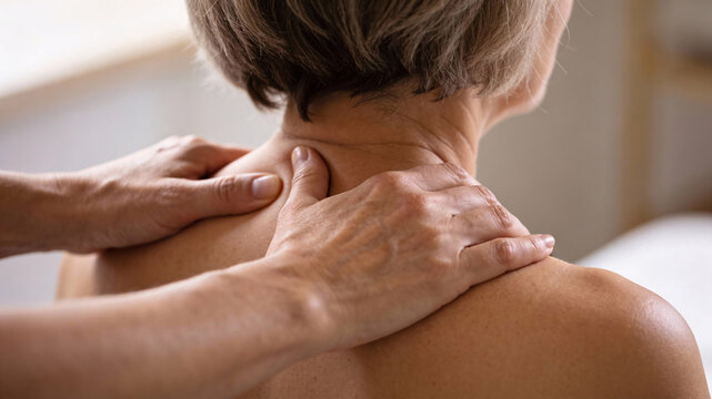 Close-up wellness massage for women during menopause, focusing on stress relief with gentle upper back and neck massage, serene spa ambiance, and premium calming aesthetic
