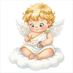 Cute Cupid Angel Writing Letter Watercolor Vector Illustration on White Background
