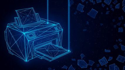 An abstract digital illustration showcasing a glowing blue wireframe printer against a dark, starry background. Polygonal elements resembling paper or data fragments float around, symbolizing modern