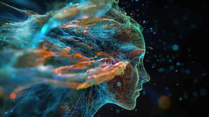 Abstract woman profile, digital art, flowing colors, ethereal background