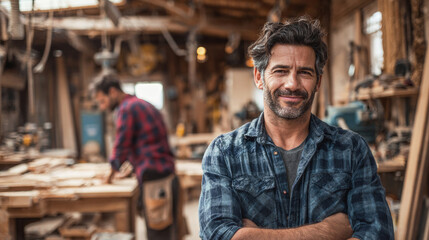 Confident male carpenter standing in woodworking shop, arms crossed, with tools and coworker in background, highlighting craftsmanship, skill and workshop environment.