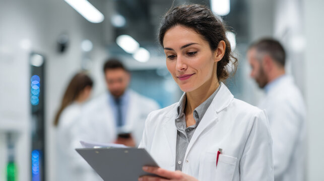 Focused female scientist in a white lab coat meticulously analyzes data on a clipboard in a modern pharmaceutical research facility