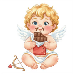 Cute Cupid Angel Eating Chocolate Watercolor Vector Illustration on White Background
