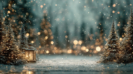 Winter forest scene with snow falling and warm fairy lights illuminating the trees and a lantern