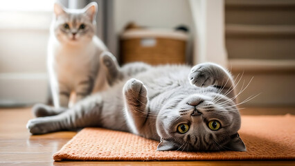 Adorable Grey Tabby Cat Plays Upside Down on Orange Mat, Green Eyes, Another Feline in Background, Cozy Home Life