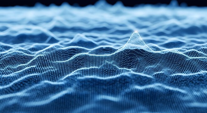 Abstract blue digital wave formed by flowing data lines and mesh patterns, representing big data visualization, artificial intelligence, network connectivity, sound waves, futuristic technology - Powered by Adobe