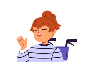Happy little girl in wheelchair is greeting. Cute kid with physical disability waving. Joyful child in wheel chair welcomes, says hello with hand gesture. Flat isolated vector illustration on white