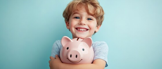 Happy Young Boy Embracing Pink Piggy Bank for Savings.