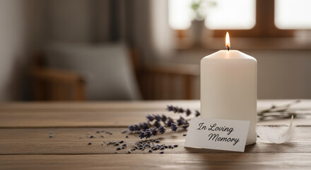 A lit candle with an "In Loving Memory" card for a funeral. Sympathy and condolence concept with lavender and a feather on a wooden table. Remembrance background with copy space