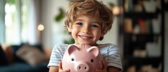 Happy Young Boy Holding Pink Piggy Bank in Cozy Home.