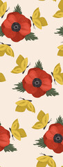 Dance of graceful yellow butterflies around blooming purple anemone, seamless pattern on cream