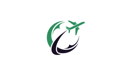 Modern aviation logo featuring a sleek airplane soaring through curved green and black swooshes symbolizing travel and progress