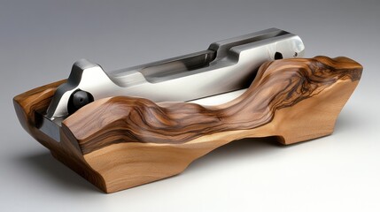 Abstract wooden and metal art piece, studio shot, neutral background