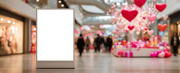 Blank advertising display mockup in busy shopping mall decorated for Valentine's Day  