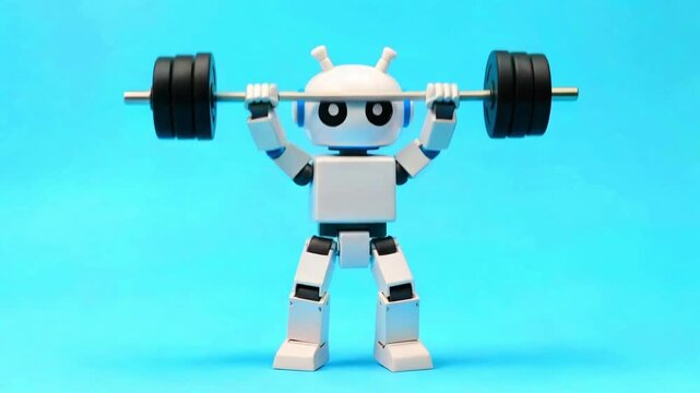 Robot lifting weights strength training artificial intelligence fitness technology power machine learning workout digital muscle building futuristic exercise concept blue background small toy figure h
