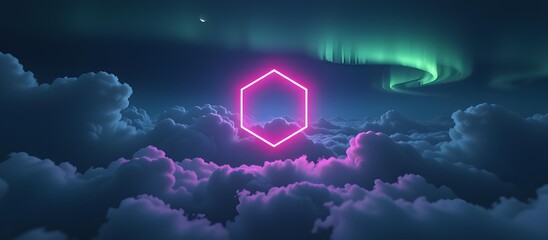 Mesmerizing Digital Artwork of Neon Hexagon Surrounded by Dreamy Clouds Under Northern Lights