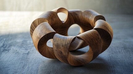 Abstract wooden sculpture, intricate design, textured surface, light gray background