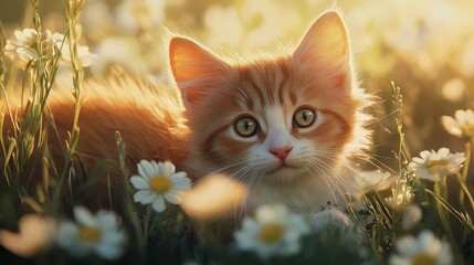 Adorable ginger kitten resting in a field of daisies at sunset